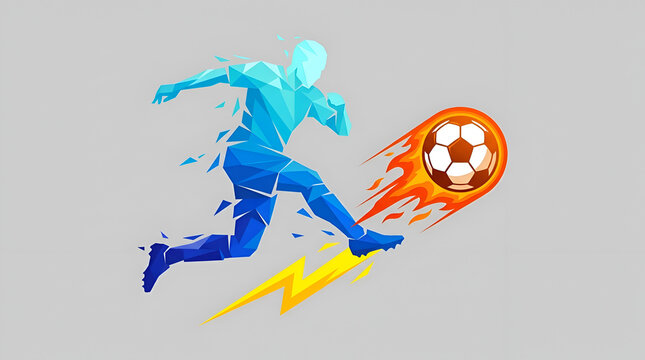Dynamic illustration of a soccer player in motion, kicking a fiery soccer ball with lightning effects