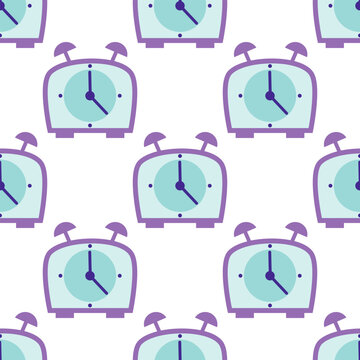 Seamless pattern with colorful alarm clocks on a white background