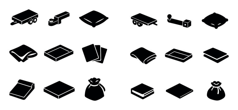 Fabric and textiles concept icons with pillow, tray and drawstring bag for presentation design in minimal solid style