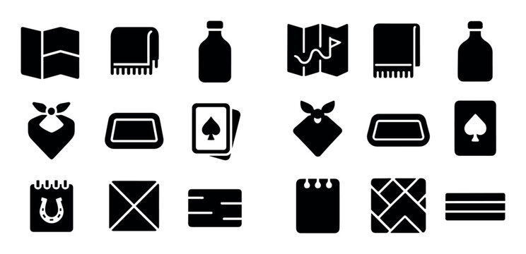 leisure and outdoor concept icons with map, bottle and playing cards for presentation design in solid style