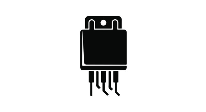 Electronic component icon depicts a black silhouette of a transistor or integrated circuit with several pins extending from its base, presented on a clean white background.