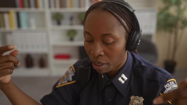 Woman police officer wearing uniform and badge speaks into headset and points finger with face and hands visible in building; focus.