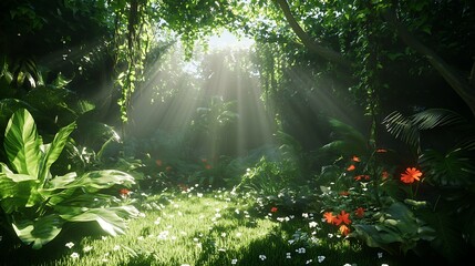 Fototapeta premium Sunlight streaming through the lush canopy of a vibrant tropical rainforest with blooming flowers and green foliage
