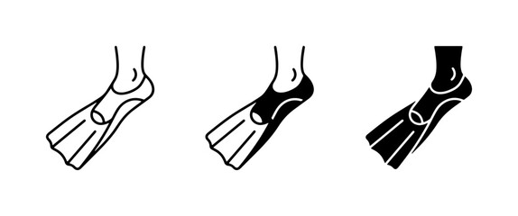 Diving Fins Icon Set: Silhouette, Outline, and Filled Styles for Water Sports and Scuba Gear Graphics © Sojib