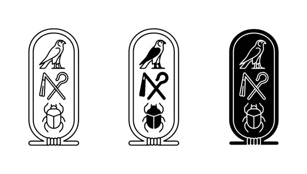 Ancient Egyptian Hieroglyphs Cartouche Set, Pharaoh Royal Name Symbol Vector Icons, Scarab Beetle Falcon Ankh Symbols