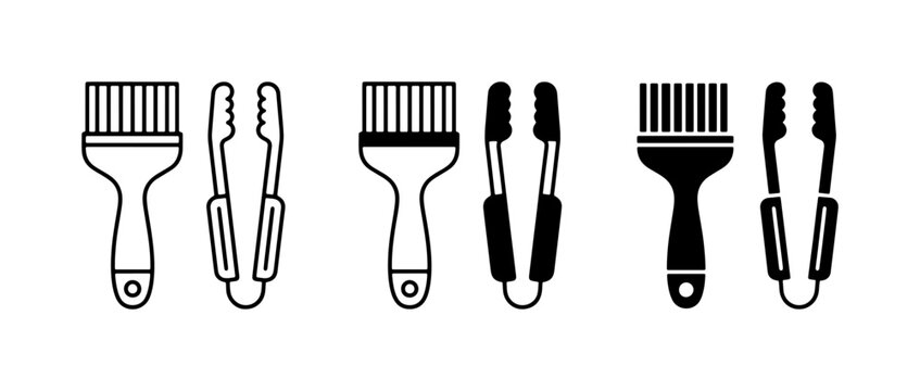 BBQ Tools Set: Basting Brushes and Tongs Icons, Outline and Solid Fill Vector Graphics for Grilling and Cooking