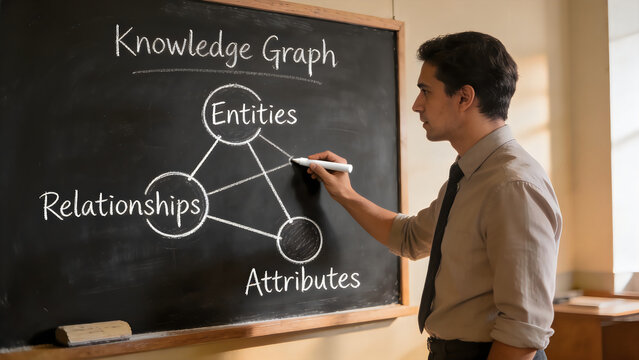 Person explaining knowledge graph with entities, relationships, and attributes on blackboard