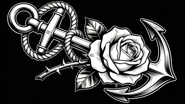 Vintage style anchor rose with nautical rope and key illustration
