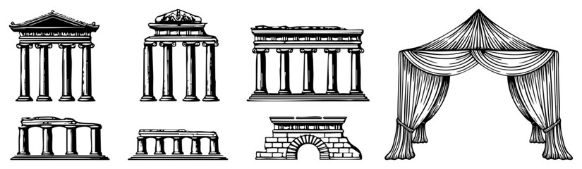 Naklejka premium Collection of ancient ruins featuring a majestic parthenon, weathered colonnades, and a ceremonial pavilion. These stone structures and classical porticos showcase timeless Hellenic design.