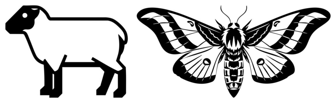 This collection features a stylized ewe and a detailed luna moth, providing a clean silhouette of a lamb alongside a heavy ink style lepidoptera. Both elements use bold and high contrast.