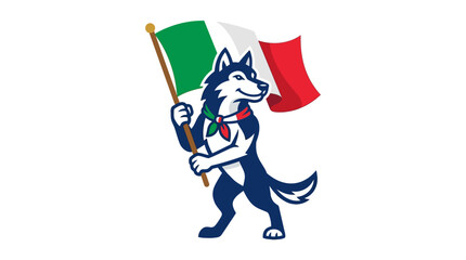 Energetic husky dog mascot illustration proudly waving the Italian national flag, symbolizing patriotism, strength, and national heritage in a vibrant graphic © Lariss