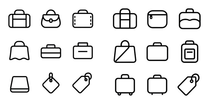 Travel and luggage vector icons with suitcase, briefcase and luggage tag for web design in minimal outline style