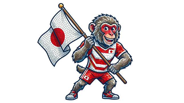 Cheering Monkey Mascot Wearing Japanese Sports Jersey Holding National Flag