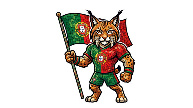 Fierce lynx-like mascot, clad in vibrant national colors, proudly waving the Portuguese flag, symbolizing national pride, athletic spirit, and unwavering team support
