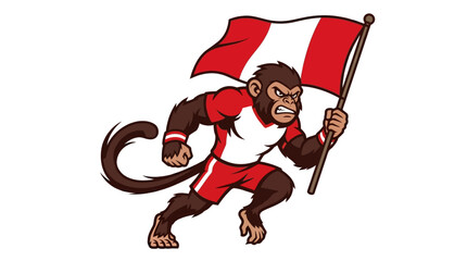 Cartoon monkey mascot wearing a sports uniform and holding a flag, representing a team or nation © Lariss