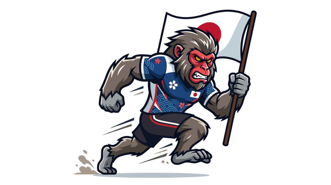 Fierce macaque sports mascot powerfully running and proudly waving the Japan national flag, embodying athletic spirit and national pride for competition or events
