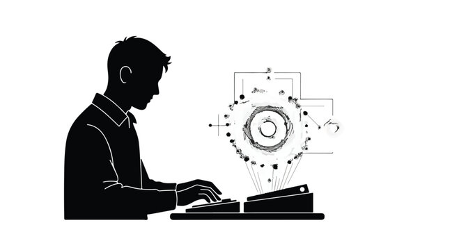Man silhouette uses a keyboard with a complex holographic interface floating above it, representing advanced data processing or programming.