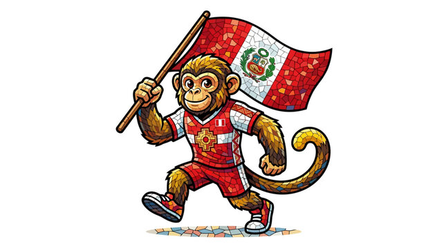 Playful monkey mascot with Peruvian flag cheering for victory in a sports competition