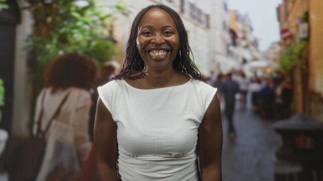 Young african american woman smiling broadly with hands raised and white top visible, shoulders exposed on a crowded street; joyful confident openness.