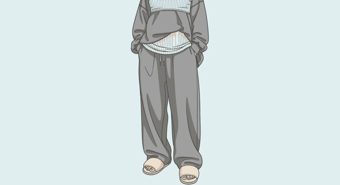 Person in loose grey sweatpants and hoodie.