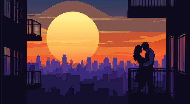 Romantic vector illustration capturing a couple embracing on a balcony, overlooking a vibrant city skyline at a beautiful sunset