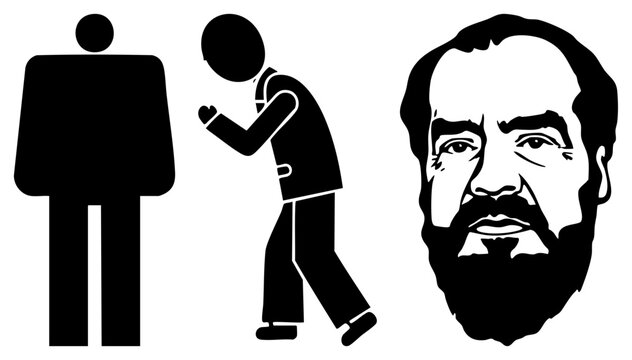 High contrast stencil featuring a stern bearded face, a stylized silhouette, and a man performing a respectful bow or genuflection. This graphic set includes a portrait and a human figure.