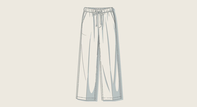 Fashion technical drawing of wide leg pants with a drawstring waist on a neutral background.
