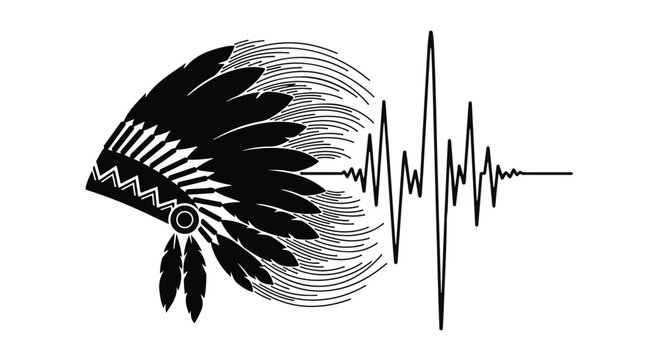 Native American chief headdress combined with a sound wave graphic creates a unique and symbolic illustration representing cultural rhythm and sound.