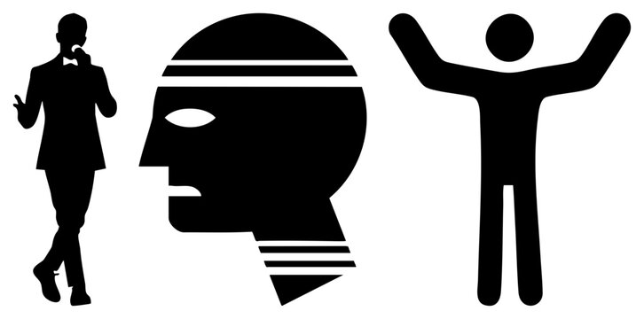 This collection showcases a human head profile, a dapper gent, and a joyful stickman silhouette. These black shapes include a thinking man, a head, and a celebratory figure.
