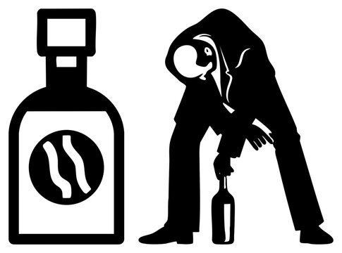 Stark stencil of a stumbling drunkard and a spirit bottle. This liquor flask and tipsy fellow are depicted in a high contrast minimalist style, capturing a heavy, somber silhouette.
