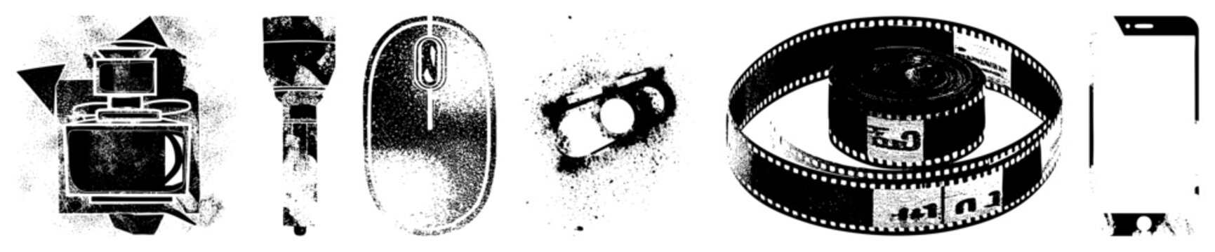 Gritty collection of tech gear featuring a film reel, computer mouse, and flashlight. These retro gadgets and old school gizmos are rendered in a distressed halftone stencil style.