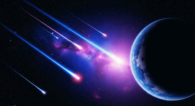 A breathtaking cosmic display featuring numerous vibrant meteoroids streaking through the dark interstellar void towards a serene blue planet, bathed in the ethereal glow of distant galaxies