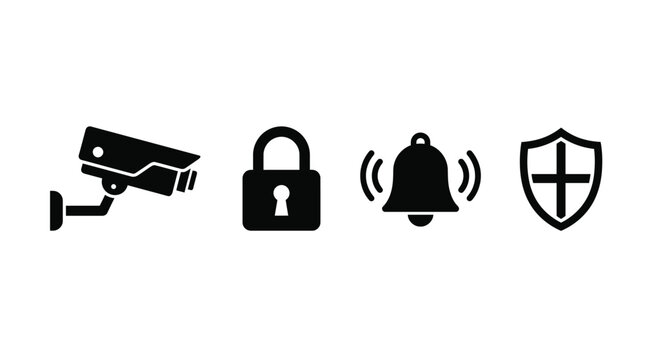 Security Icons Set with CCTV Camera Padlock Alarm Bell and Protection Shield Symbols