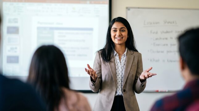 Confident Indian Female Student Delivering Presentation in Modern Classroom