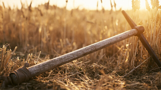 flail. An old, worn flail discarded in a wheat field with textured wood and leather. safety posters, maintenance manuals, designed for precision metalworking and fabrication facilities.