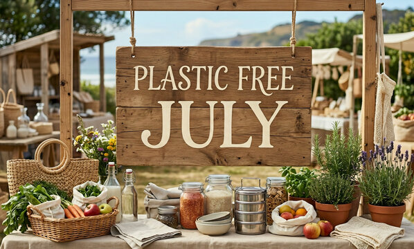Plastic Free July Awareness Display at an Outdoor Market
