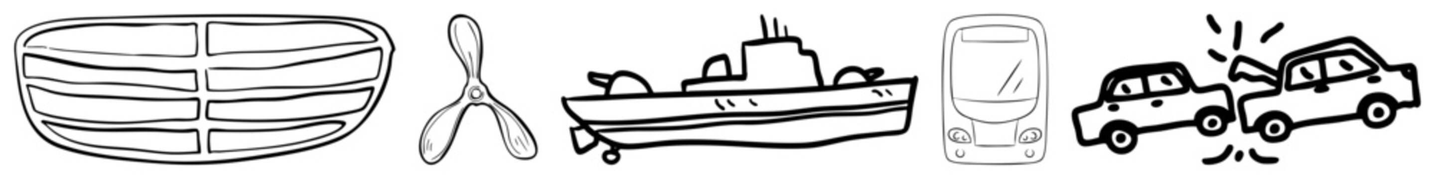 Playful doodle set featuring a little skiff, a motorboat, and a small car. This collection includes a, a bus, and a tiny auto undergoing a crash or repair.
