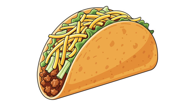 Beef taco illustration with cheese and lettuce isolated on white background