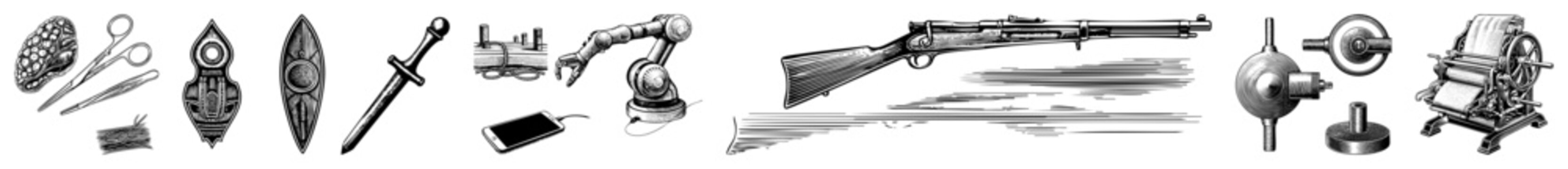 Detailed collection featuring a long rifle, medical instruments, a robotic arm, and an old printing press. These engraved sketches include a sword, a shield, and a classic handheld device.