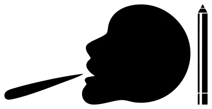 Striking profile silhouette featuring a human head and a writing implement, often called a thinker or a mind tool, depicted in a sharp stencil style. This head captures a creative spark.