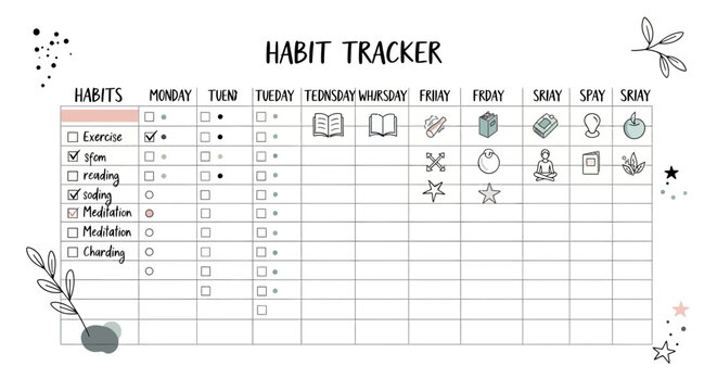 Hand drawn habit tracker with checkboxes, icons and inspirational doodles