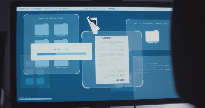 Top secret classified computer files and documents copying onto remote server by hacker or spy in cyber security breach of government system data center archive. Dark web night scene screen monitor