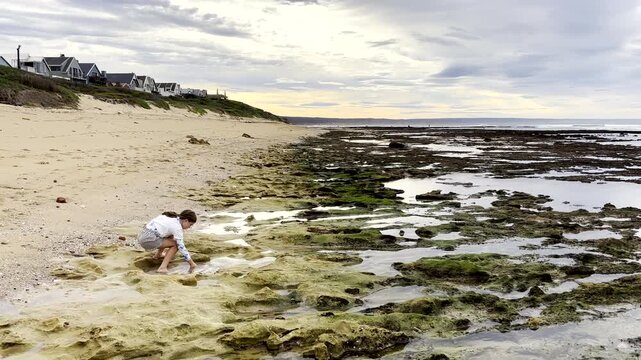 Family on morning beach stroll at sunrise during low tide with exposed rocks