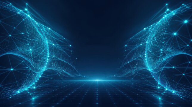 Abstract futuristic digital technology background with glowing blue network lines.