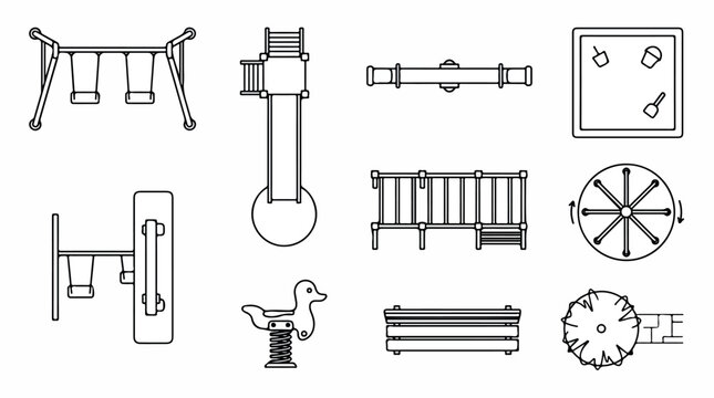 Playground equipment icons set in top view, landscape architecture plan symbols for park design, outdoor play area vector elements