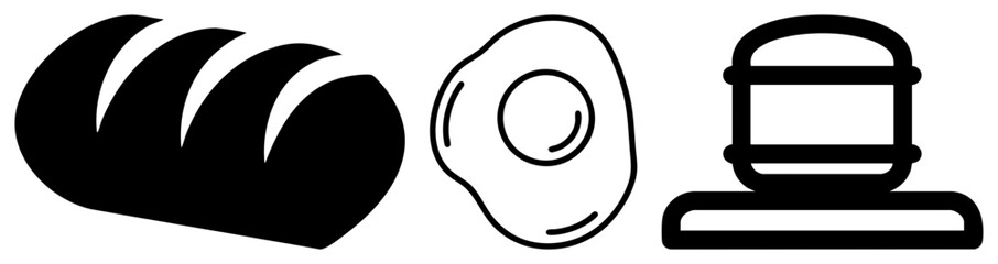 Fototapeta premium Simple black and white collection featuring a crusty loaf, a sunny side up egg, and a cup of joe. This breakfast set includes a morning bread, an eggie, and a drink vessel.