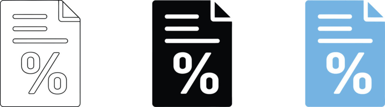 Financial report icon set line solid and blue versions with percentage symbol