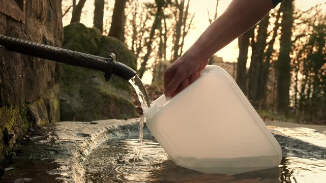 Filling up a gallon with natural fresh cool spring water gushing out of a vintage tap at a well, slow motion