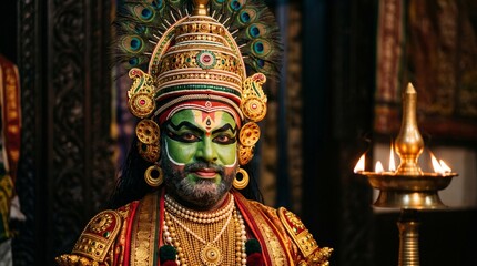Fototapeta premium Kathakali dancer with green makeup and ornate crown near oil lamp onam festival