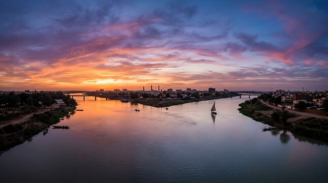 Vibrant sunset over a river confluence with boats and city skyline